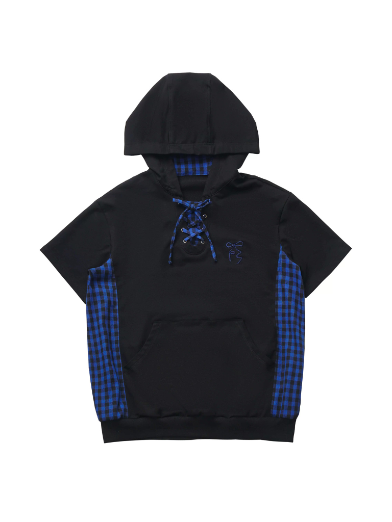 Blue Plaid Stitch Cat Ear Hoodie Summer Strap Design Suit