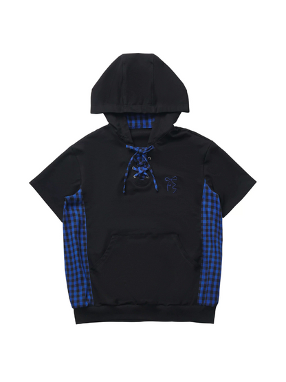 Blue Plaid Stitch Cat Ear Hoodie Summer Strap Design Suit