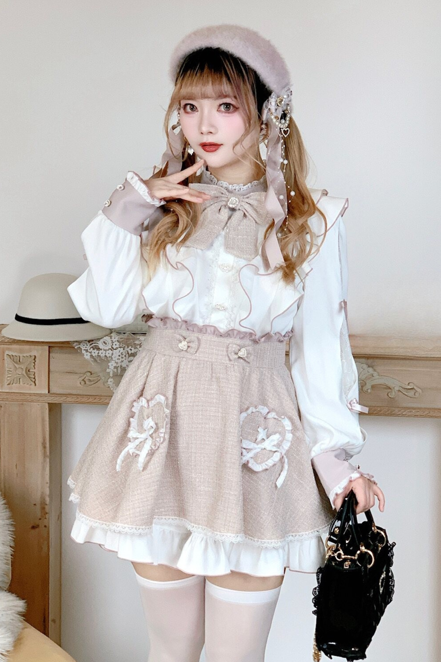 Lace Shoulder Ribbon Blouse + Skirt