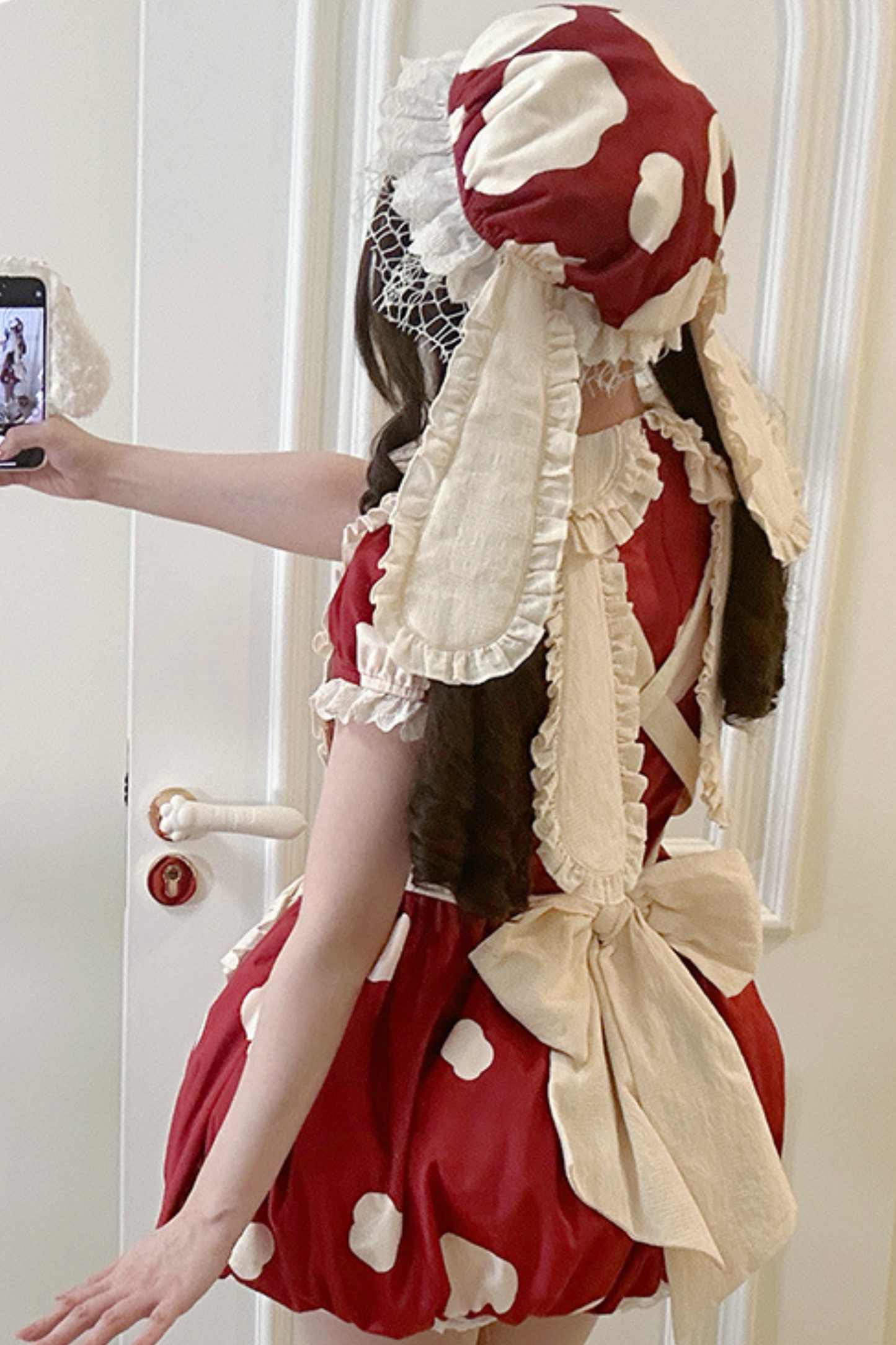 Mushroom Doll Dress + Ribbon Ruffle Apron + Ruffle Sleeves + Bunny Ear Hat