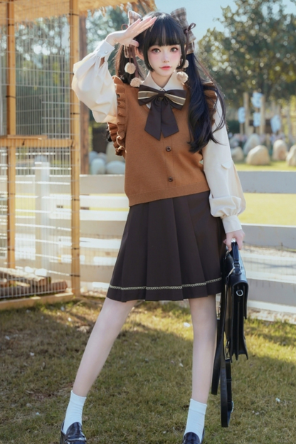 Fur Collar Cape + Knit Vest + Shirt + Pleated Skirt + Ribbon
