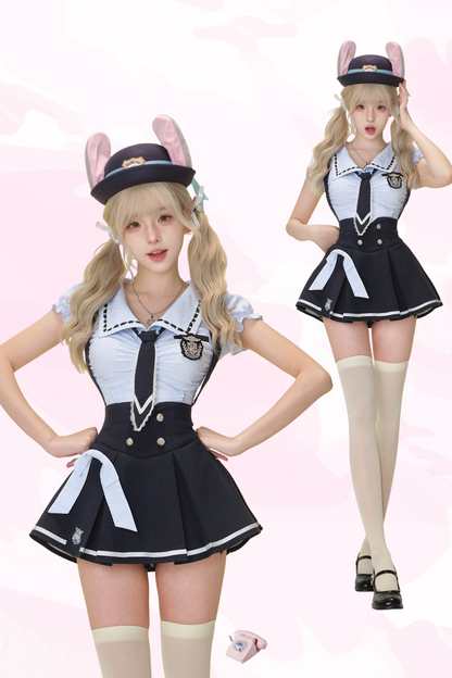 Fiservani Blue Shirt With Tie Badge + Blue Strap Skirt