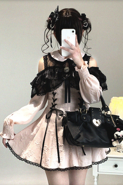 Off Shoulder Lace Up Lace Dress