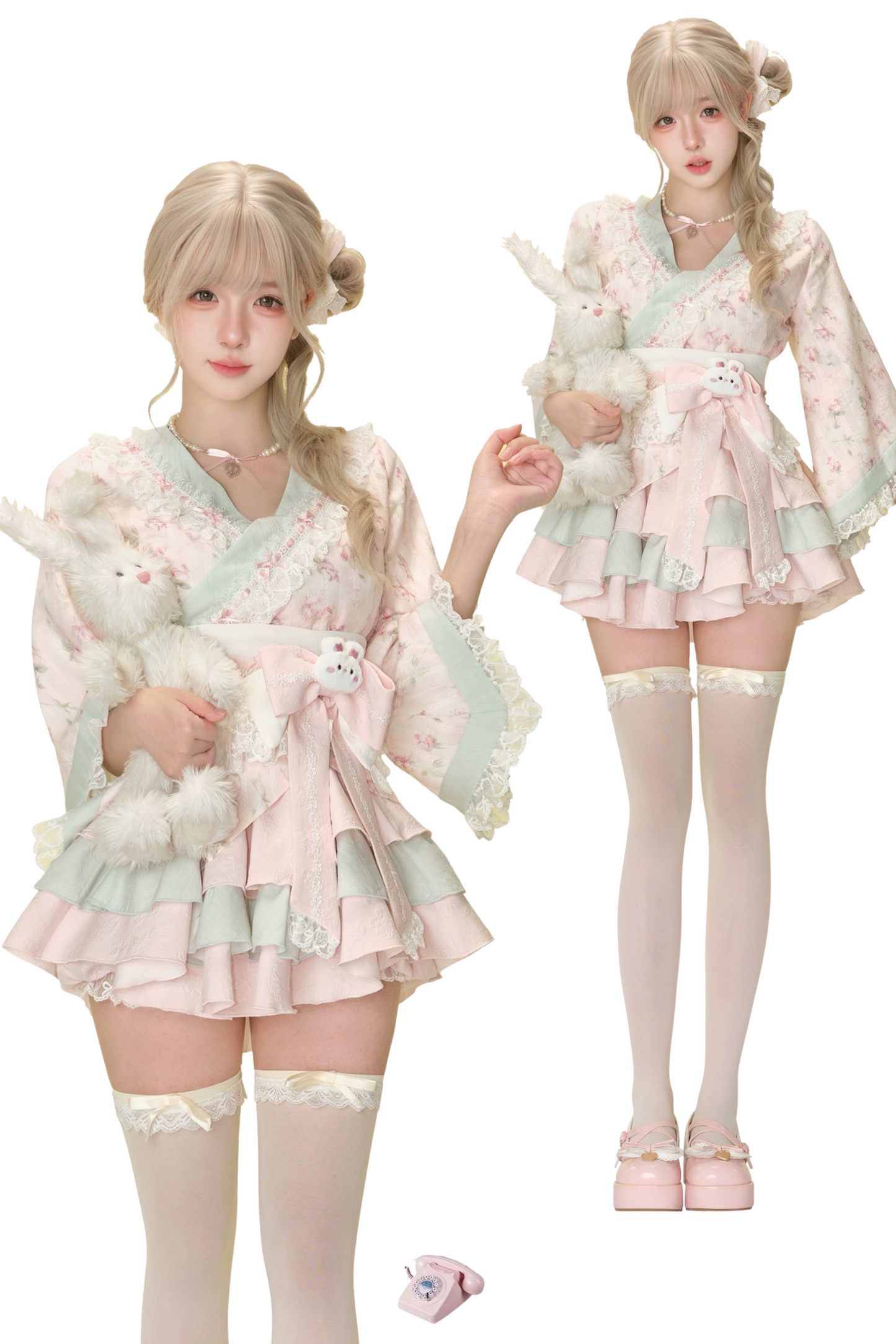 Japanese Design Top + Tiered Skirt + Ribbon Belt