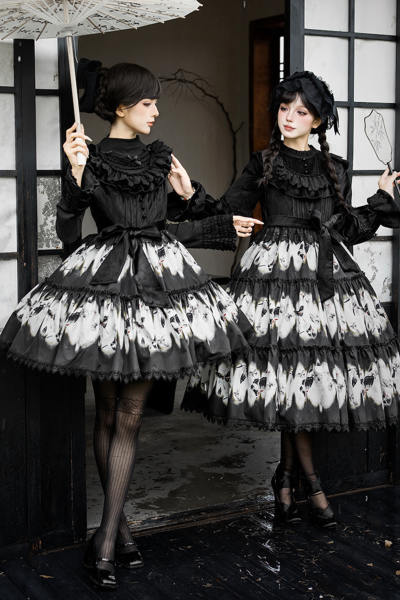 Butterfly Print Swing Lolita Dress + Jumper Skirt + Hairband + Innerwear + Ribbon