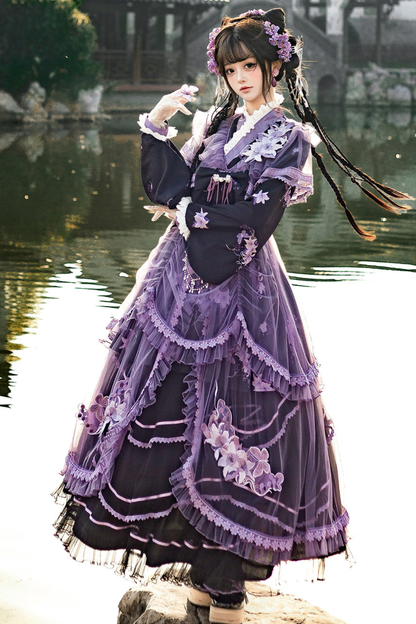 Dark Chinese-style Cross Collar Dress + Overdress + Skirt