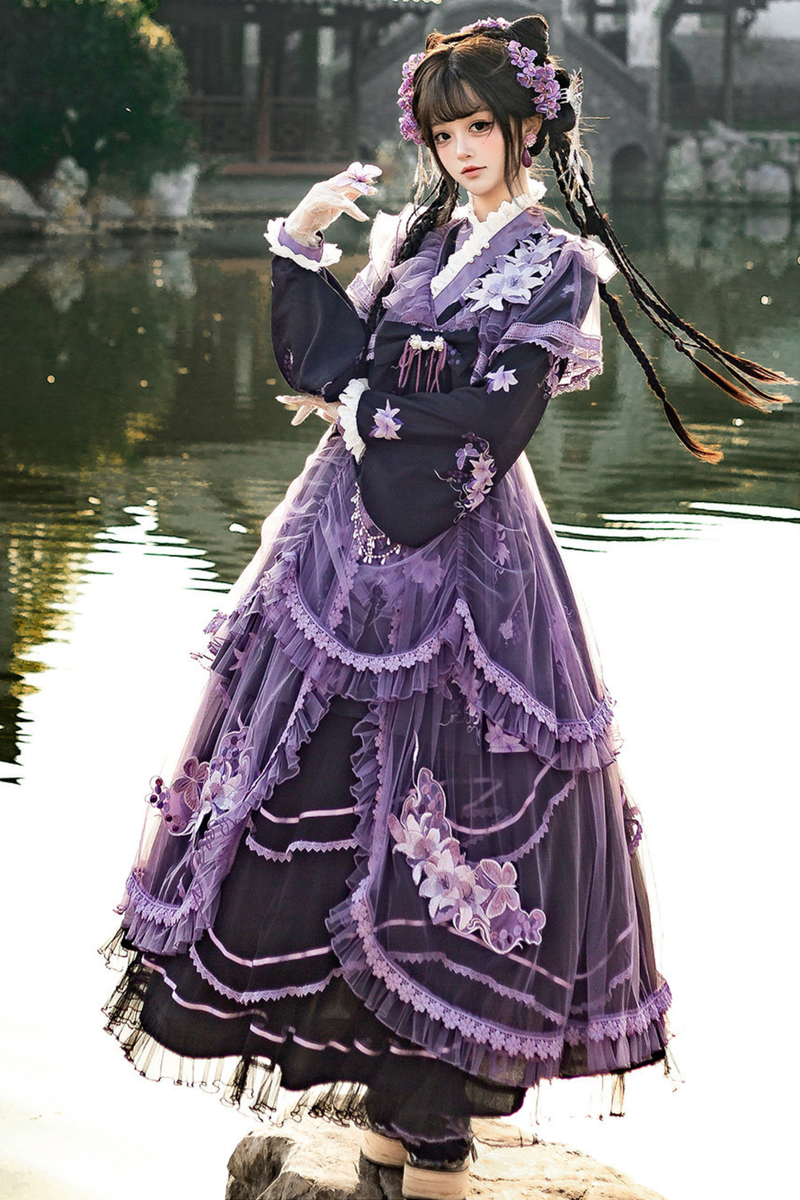 Dark Chinese-style Cross Collar Dress + Overdress + Skirt