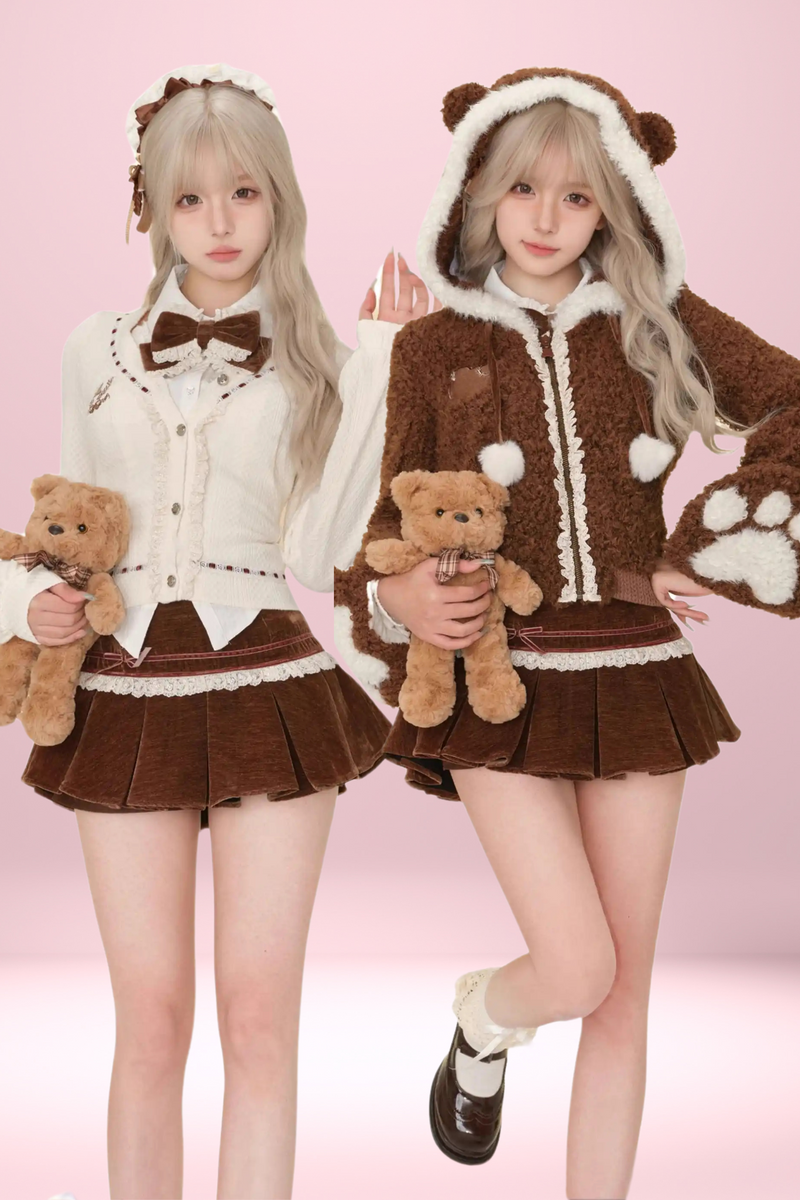 Bear Boa Coat + Ribbon Knit Cardigan + Off Shoulder Shirt + Short Skirt