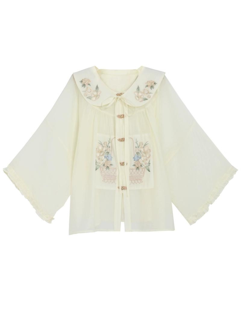 Forest Chinese-style Attached Collar Sheer Ruffled Shirt + Skirt [pre-order]