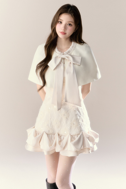 Ruffle Girly Pure Sleeveless Dress + Ribbon Cape
