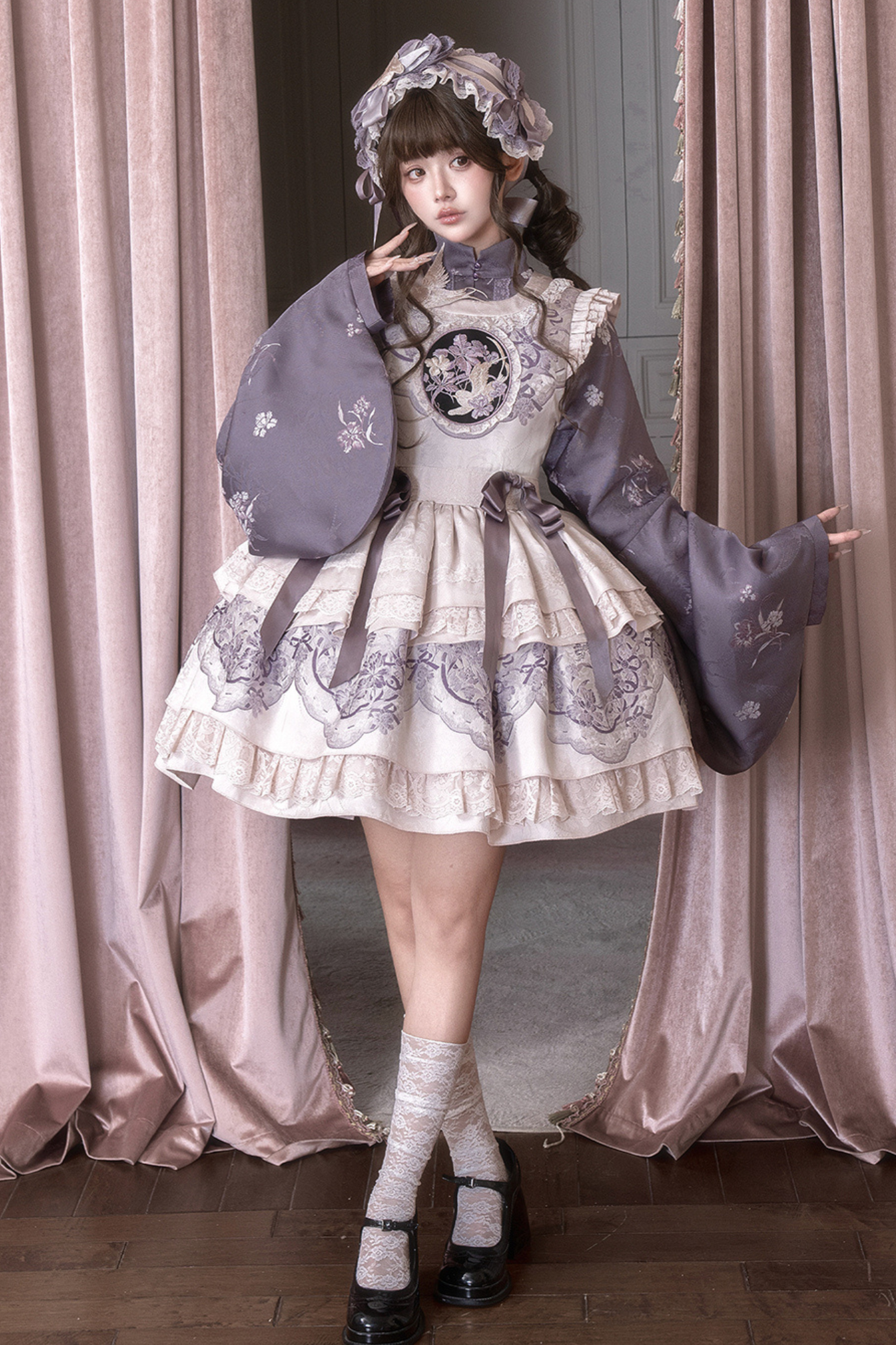 Chinese-style Stand Collar Jacket + Suspender Dress + Hairband