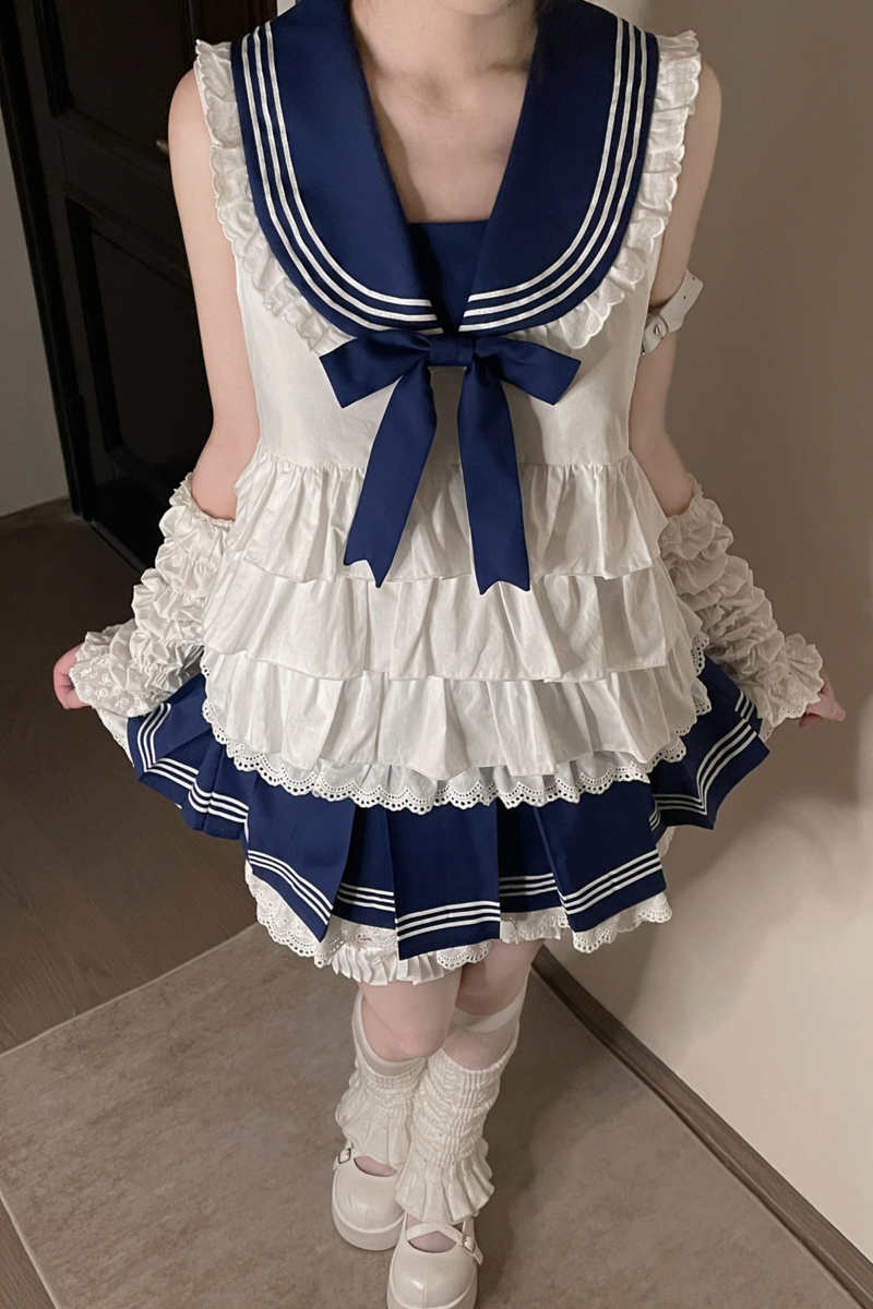 Sailor Ribbon Marine Top + Pleated Layered Skirt