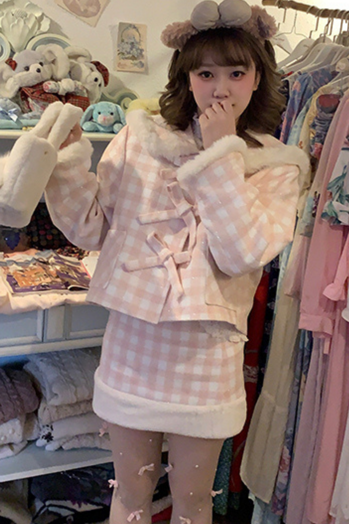 Peach Plaid Sweet Bow Coat + Plaid Tight Skirt + Fur Plaid Skirt