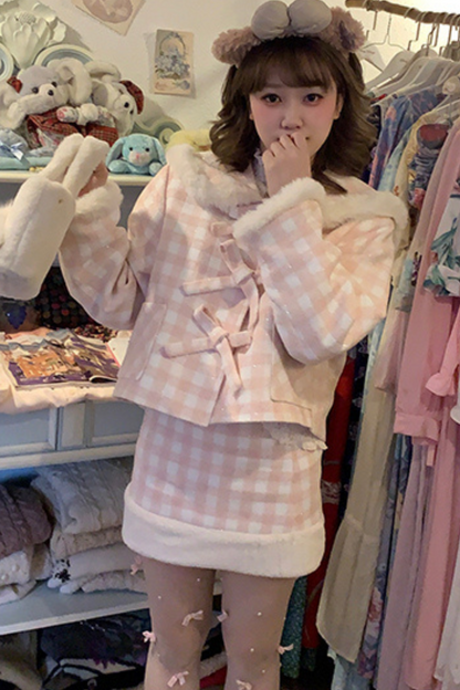 Peach Plaid Sweet Bow Coat + Plaid Tight Skirt + Fur Plaid Skirt