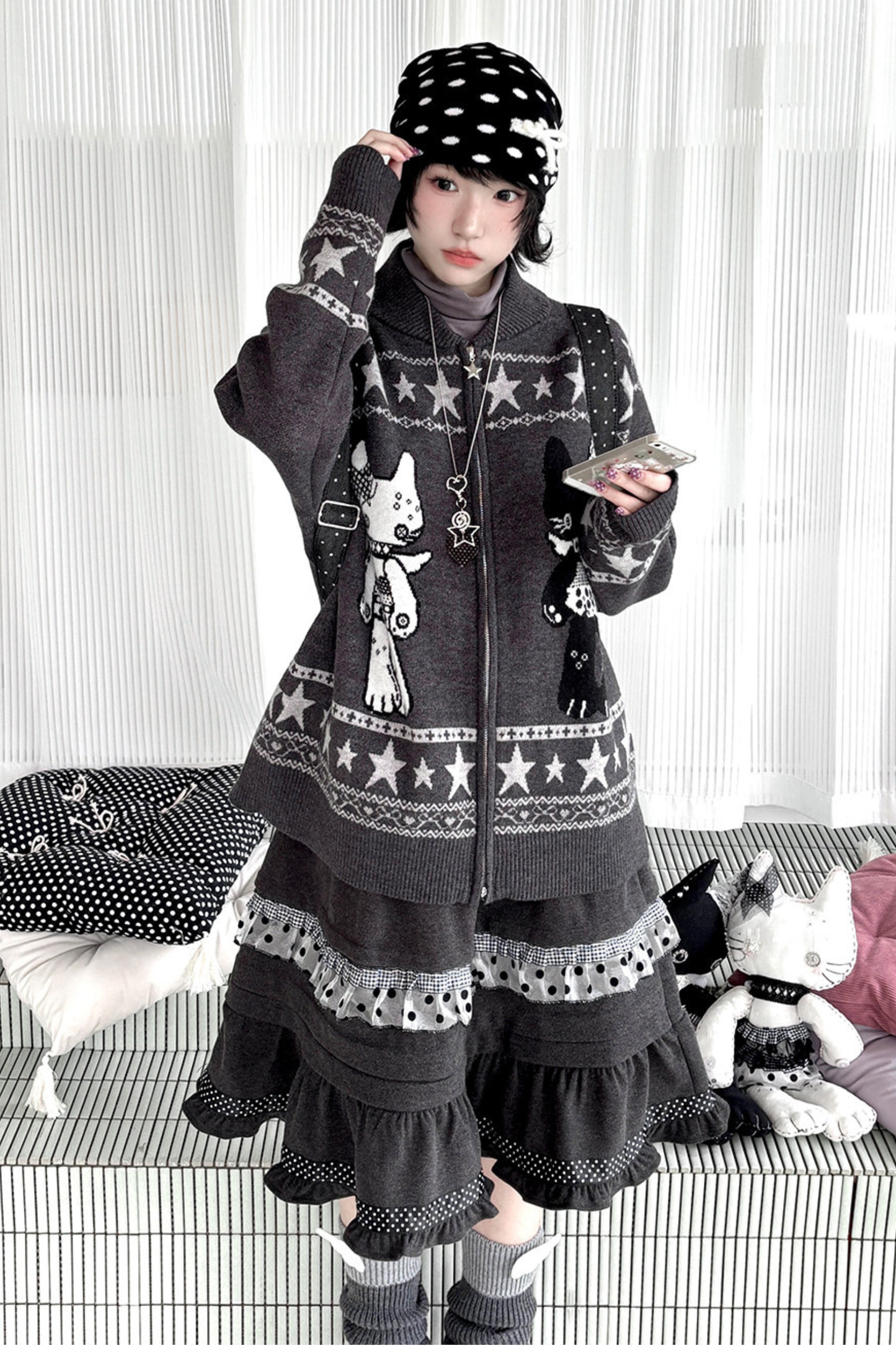 Y2k Jacquard Cardigan + Flared Skirt
