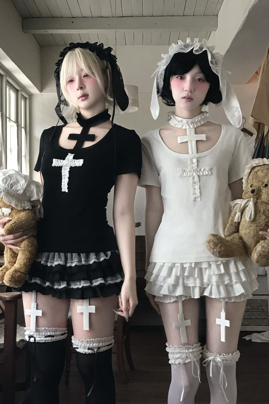 Gothic Style Cross T-shirt + Cross Collar + Pumpkin Pants