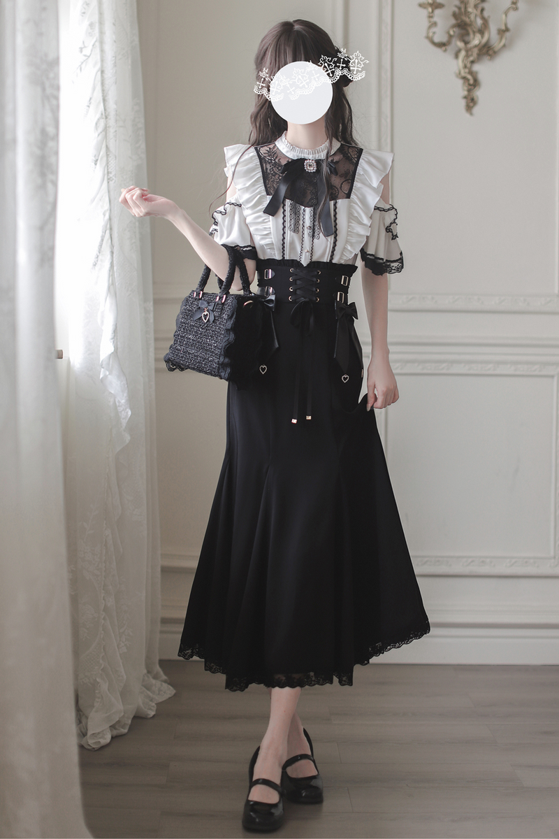 [pre-order] Off-shoulder Ruffle Tops + Mermaid Skirt + Ribbon