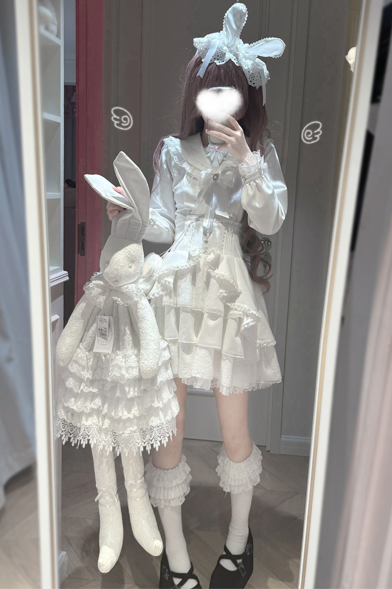 Snow Cat Ear Hooded Cape Coat + Shirt + Skirt