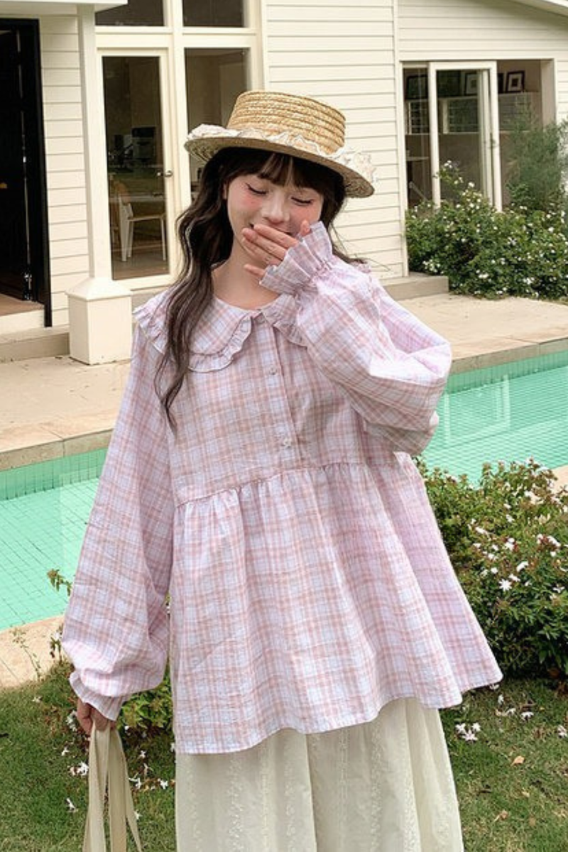 Pink Plaid Cotton Blouse