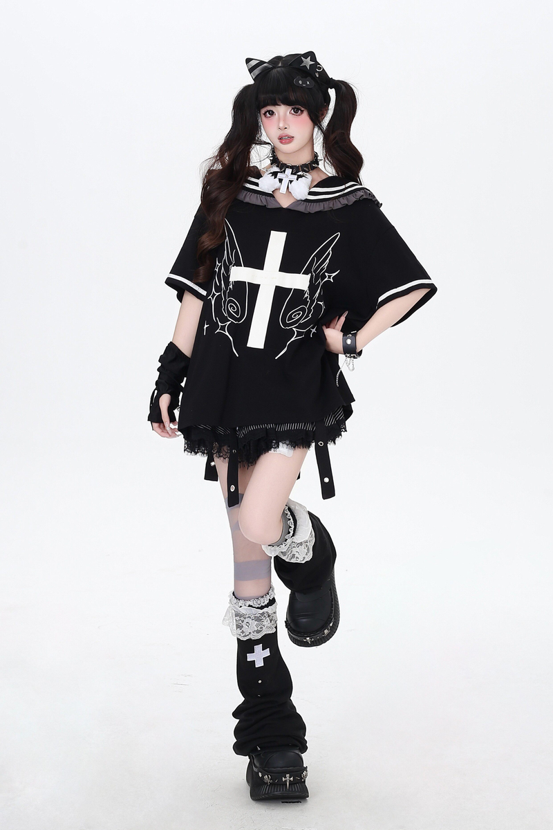 Cross Design Ruffled Sailor Top
