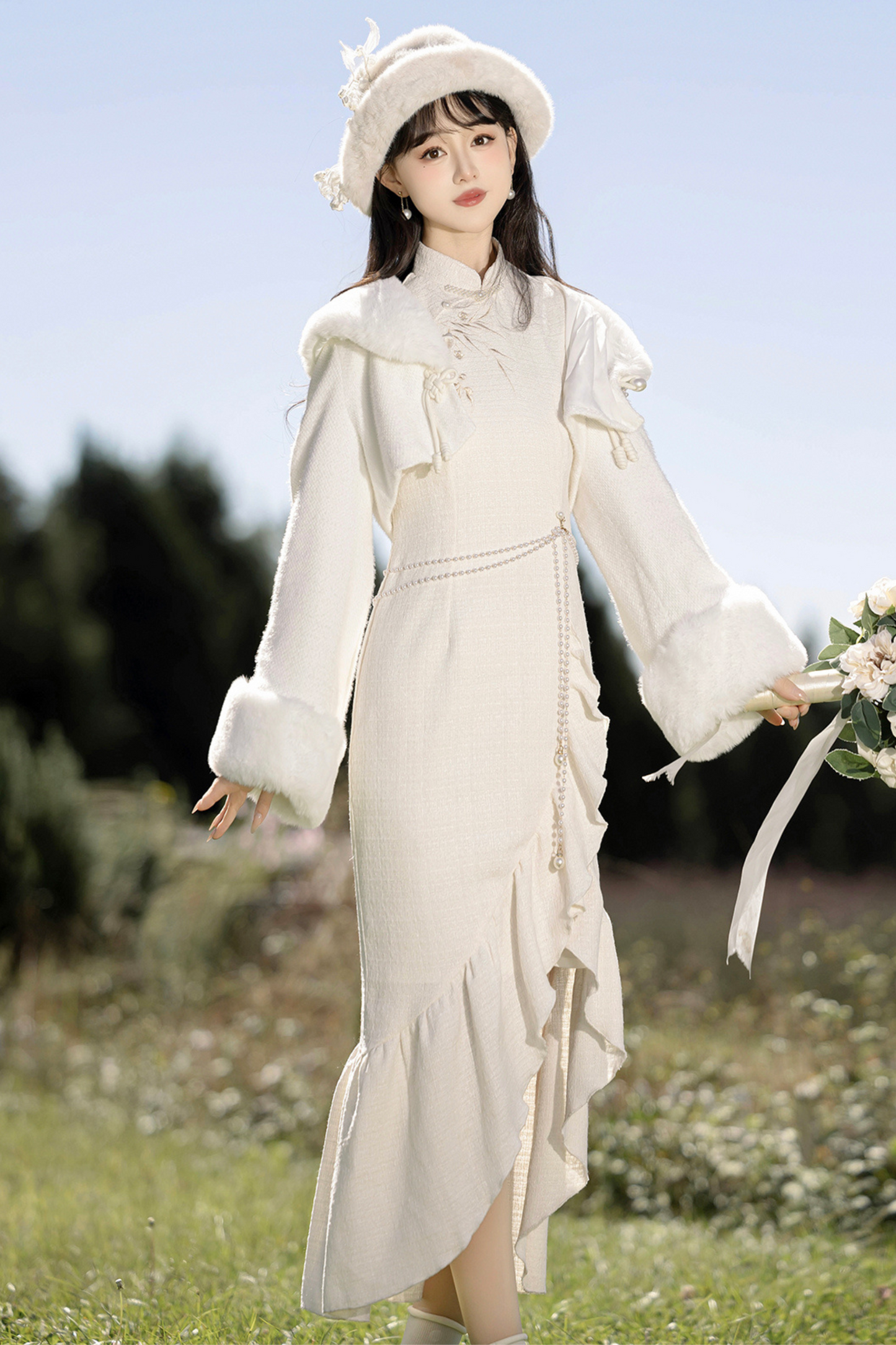 Retro Cheongsam Dress + Short Fur Coat
