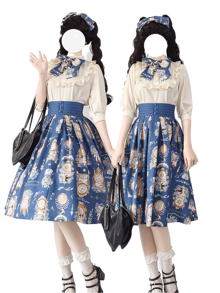 Eternal Echo Retro Classical Daily Lolita Print Shirt Skirt Set