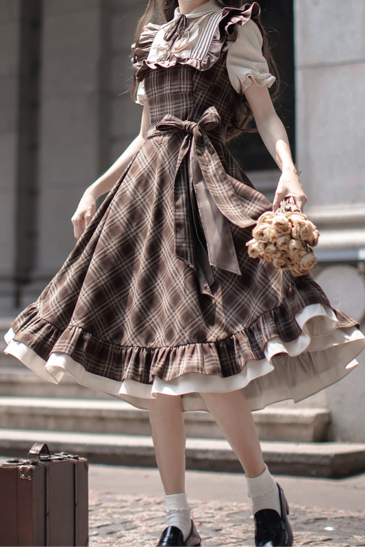 Retro Plaid Flared Dress + Ribbon Tie
