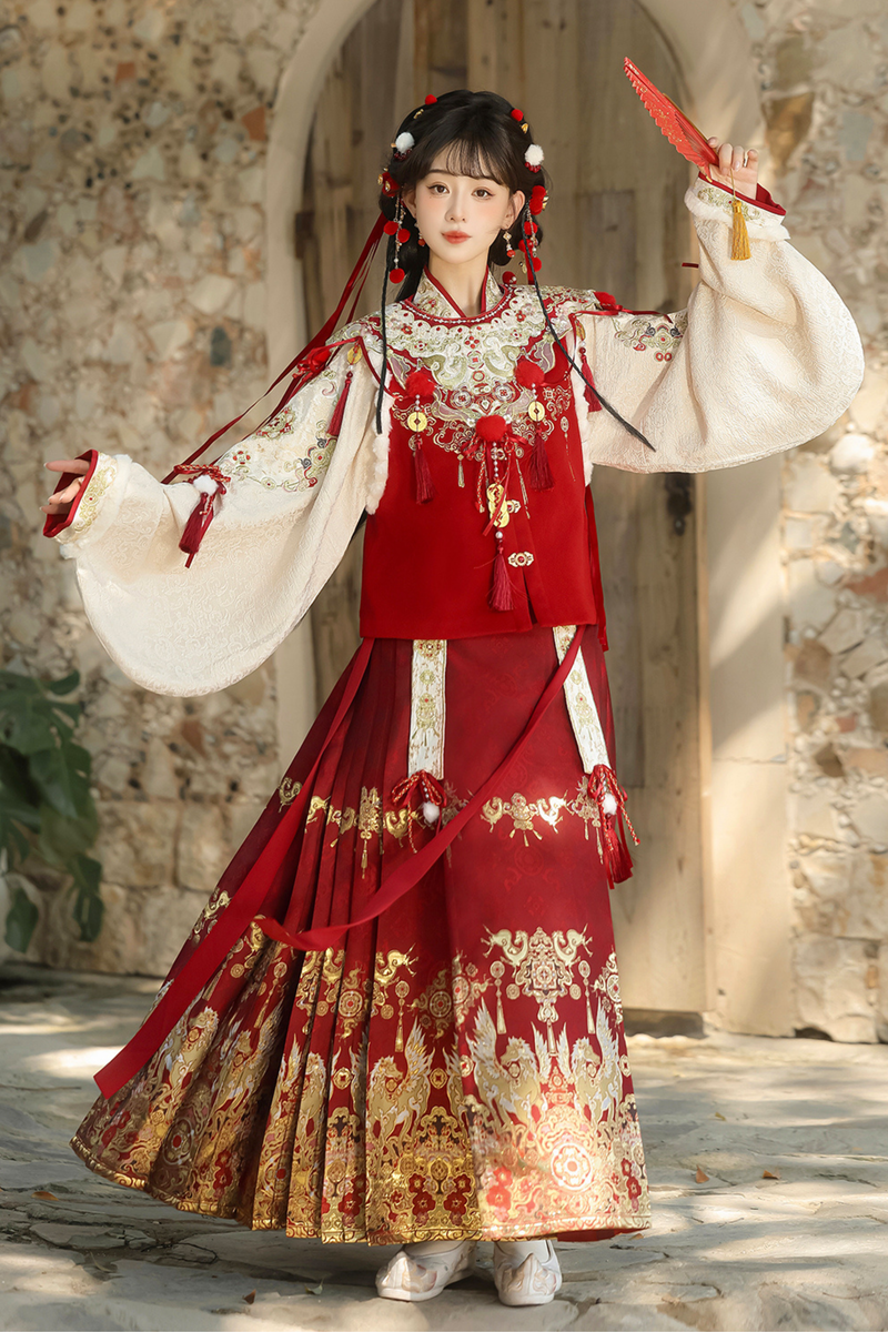 Retro Chinese-style Top + Skirt + Vest + Shoulder