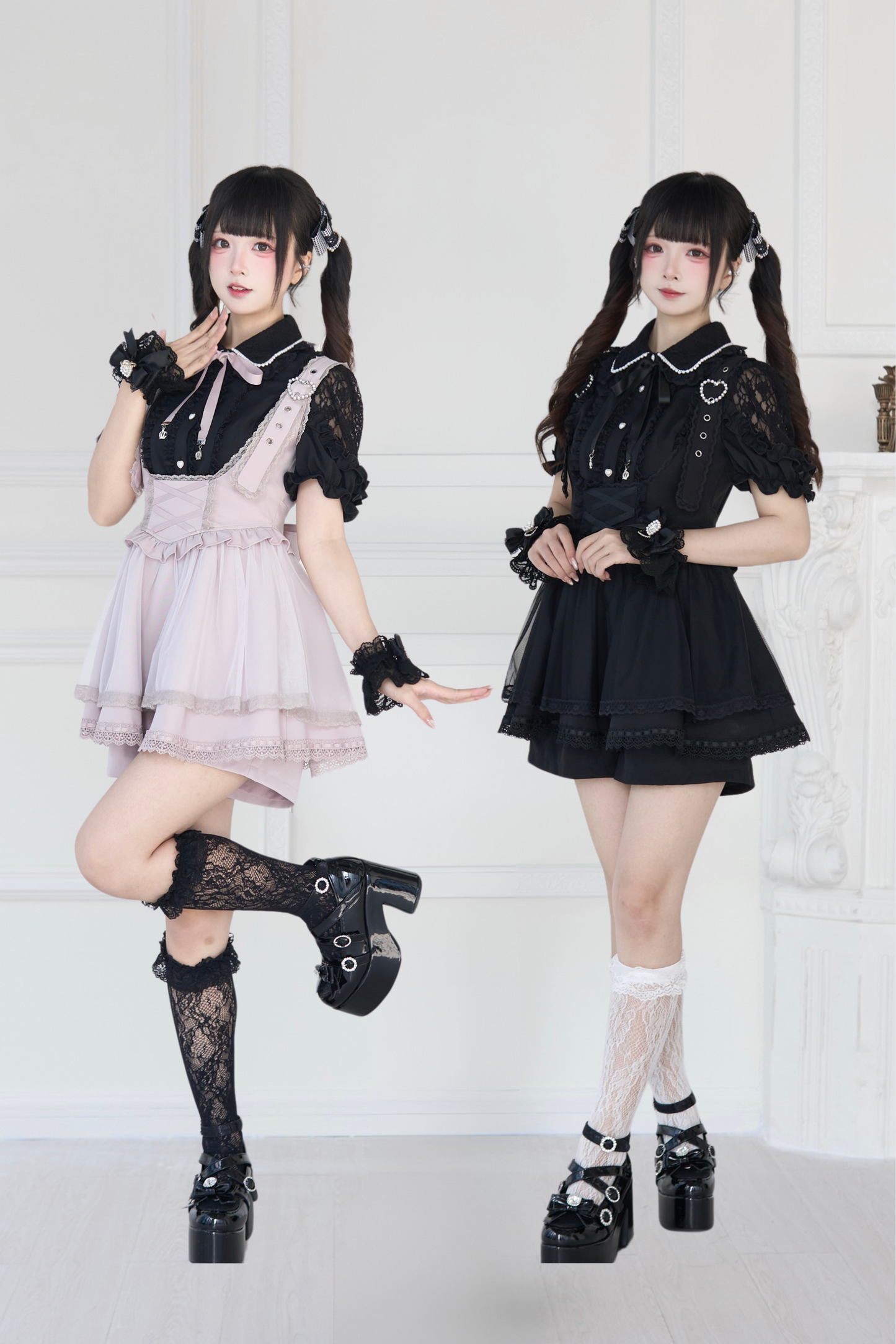 [pre-order] Spray Sheer Lace Sleeve Ribbon Shirt + Strap Bustier Dress