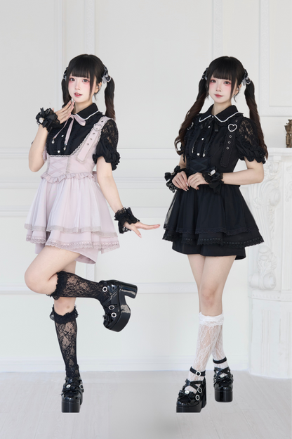 [pre-order] Spray Sheer Lace Sleeve Ribbon Shirt + Strap Bustier Dress