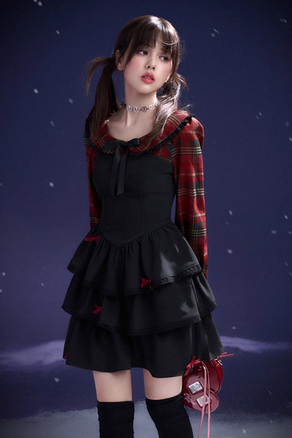 Plaid Faux Two Piece Tiered Dress