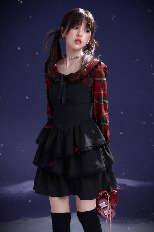Plaid Faux Two Piece Tiered Dress