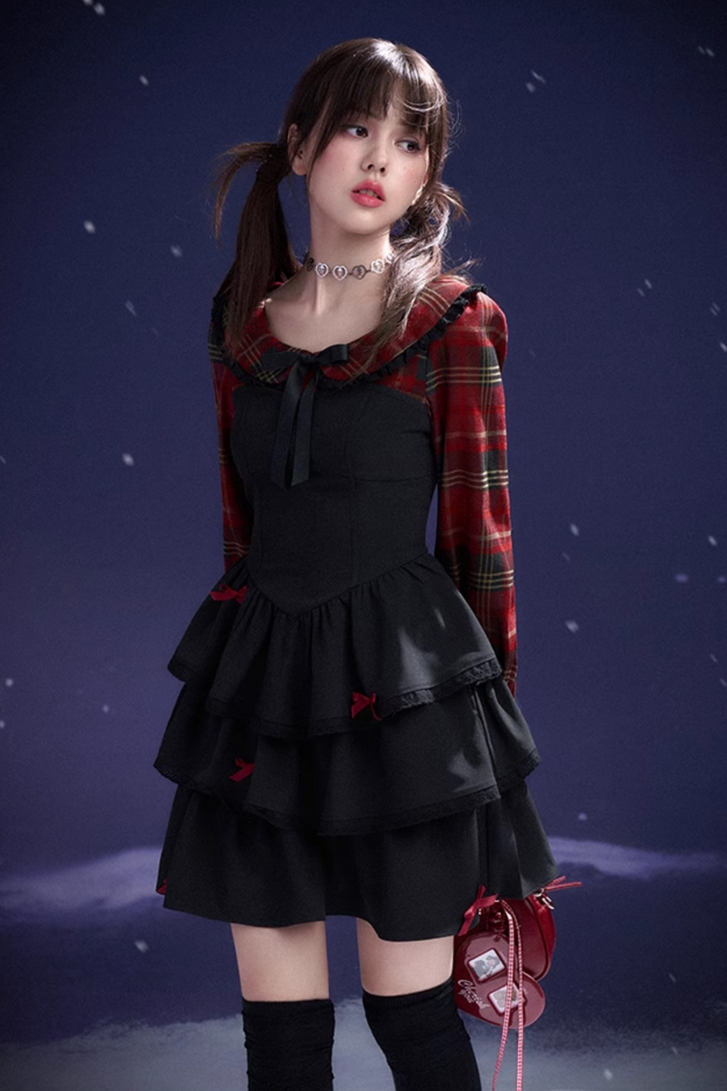 Plaid Faux Two Piece Tiered Dress
