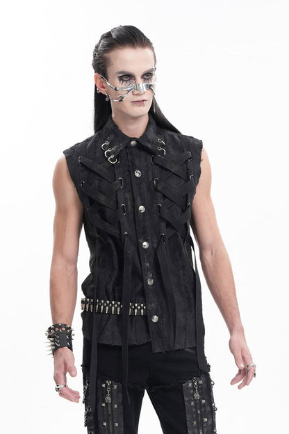 Black Lapel Collar Sleeveless Lace-up Ripped Ring Gothic Vest