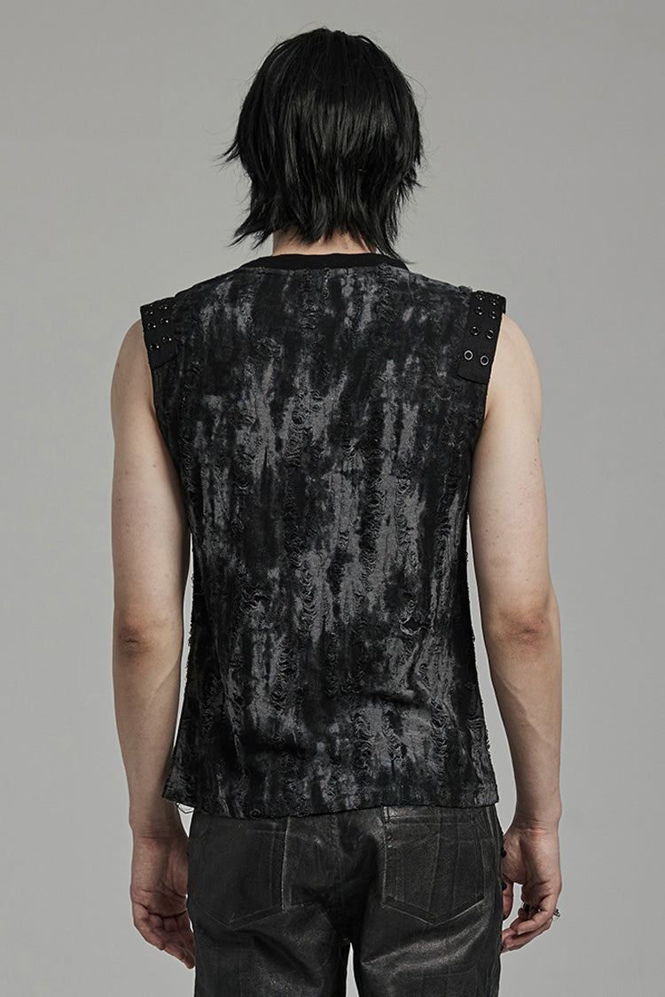 Black/grey Round Collar Sleeveless Print Ripped Distressed Eyelet Gothic Tank Top