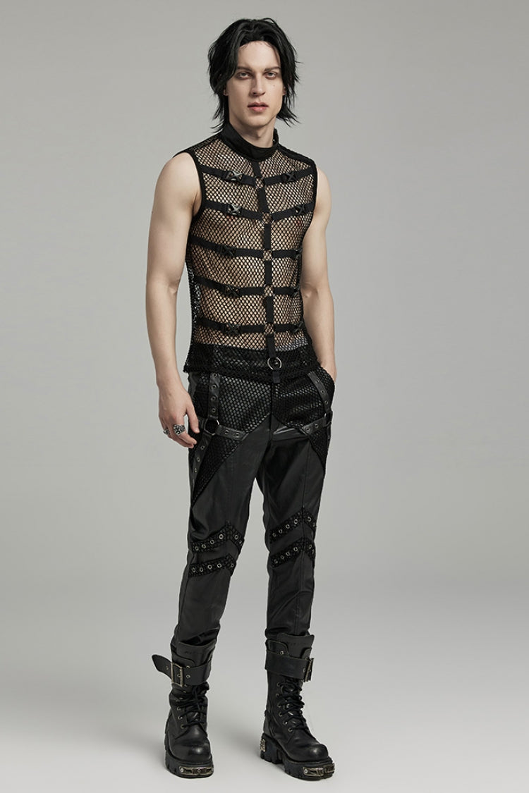 Black Stand Collar Sleeveless Straps Mesh Buckle Punk Vest