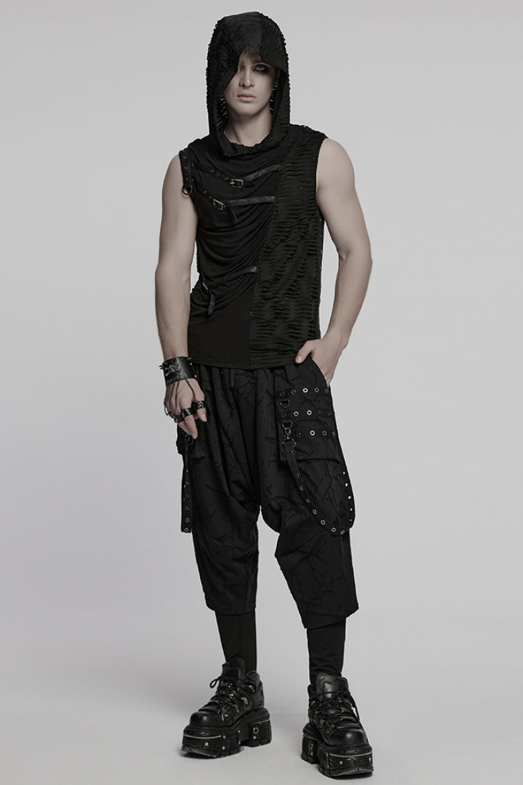 Black Sleeveless Hooded Ripped Ruched Punk Vest