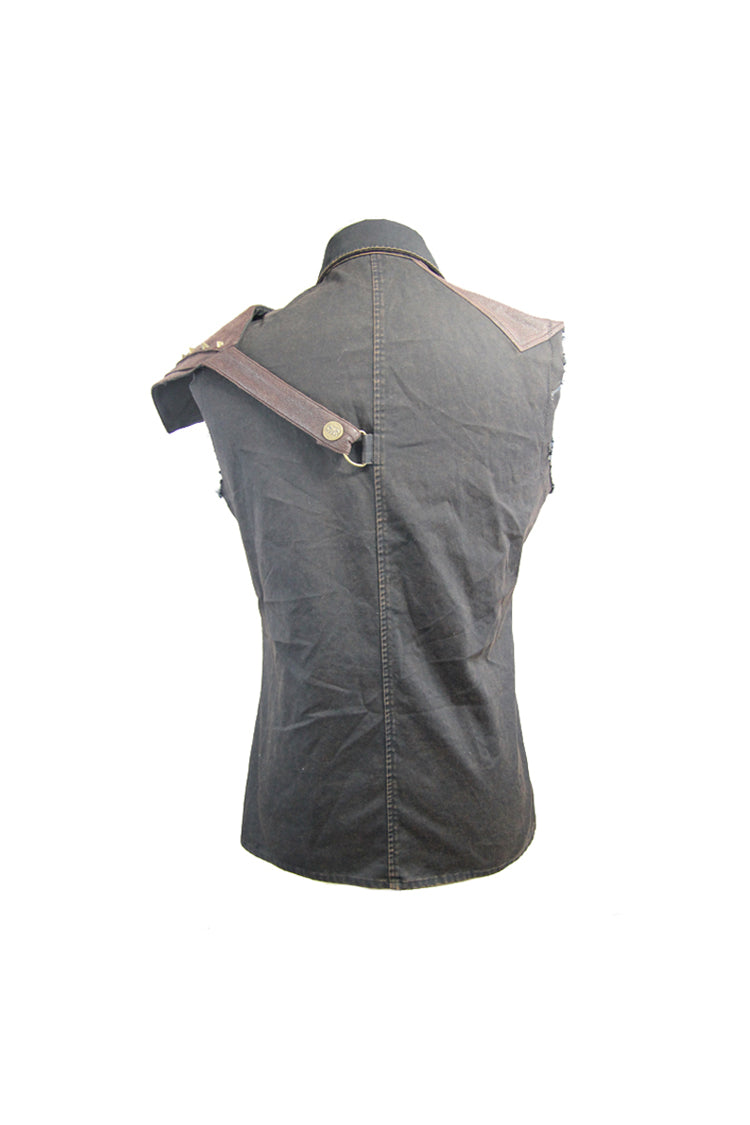 Black Twill Brown One Shoulder Armor Heat Seal Hasp Sleeveless Punk Shirt