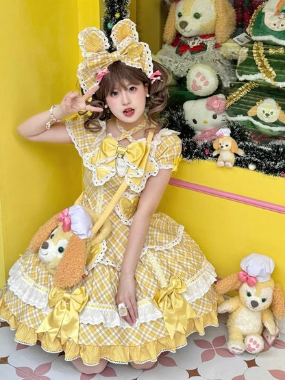 [pre-order Deadline: May 10] Blue/yellow/pink Sweetheart Lolita Ribbon Puff Sleeve Tiered Dress + Bunny Ear Full Set + Cat Ear Full Set