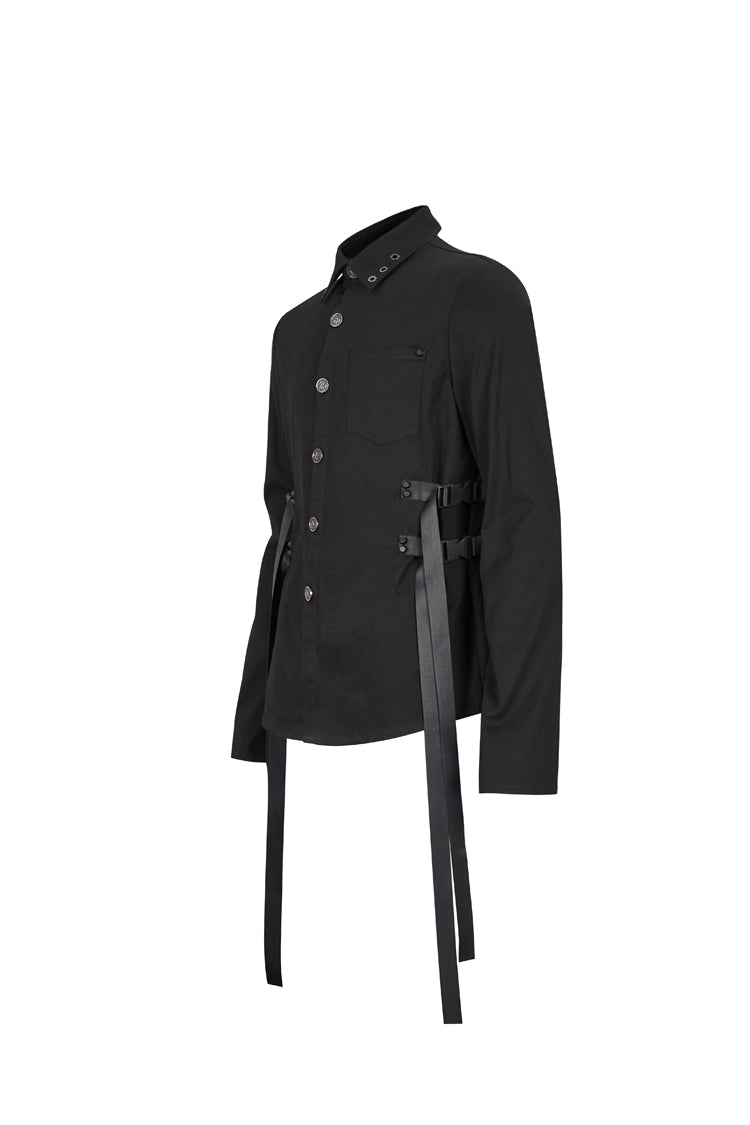 Black Nylon Strap Metal Buckle Decoration Long Sleeve Elasticity Punk Shirt