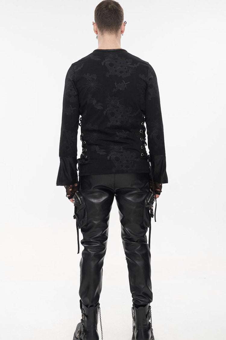 Black Punk Long Sleeve Knit Broken Holes Spider Web Print Crew Neck Shirt