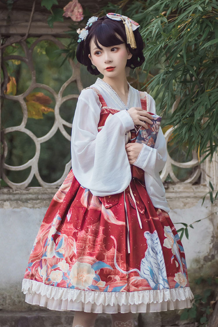 Wine White Tiger Print Chinese Style High Waisted Classic Lolita Jsk Dress