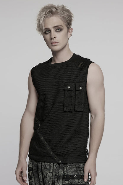 Black Round Collar Sleeveless Stitching Mesh Ripped Punk Vest