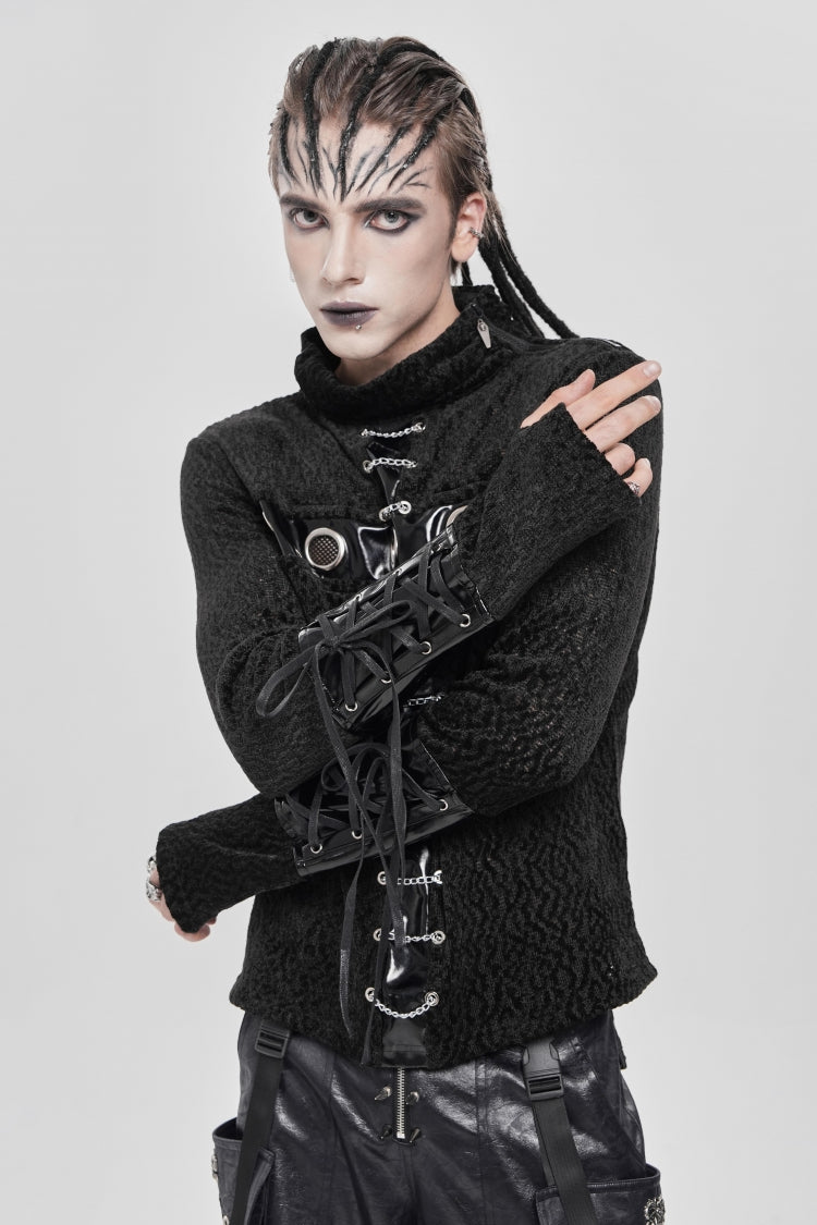 Black Stand Collar Long Sleeves Faux Leather Stitching Chain Eyelet Punk Blouse