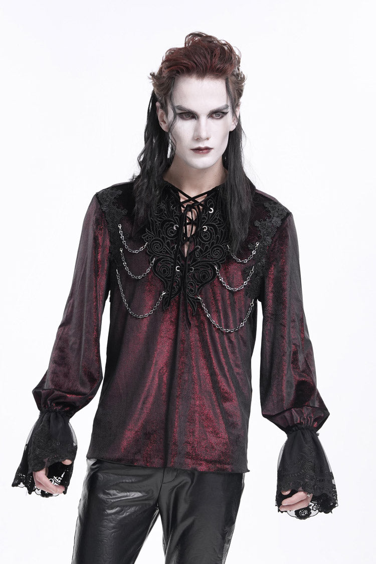 Wine Red V Collar Long Sleeves Lace-up Chain Gothic Blouse