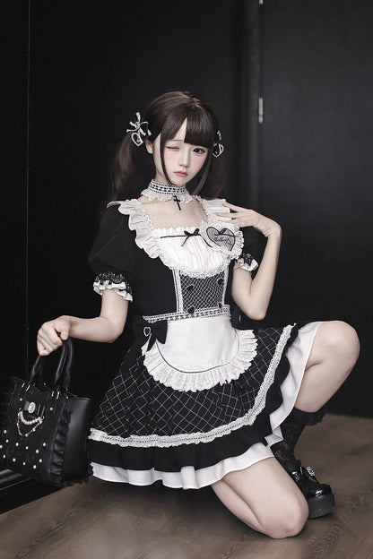 [order Deadline: May 15] Black X White Lace Ruffle Maid Dress Full Set + Cross Choker