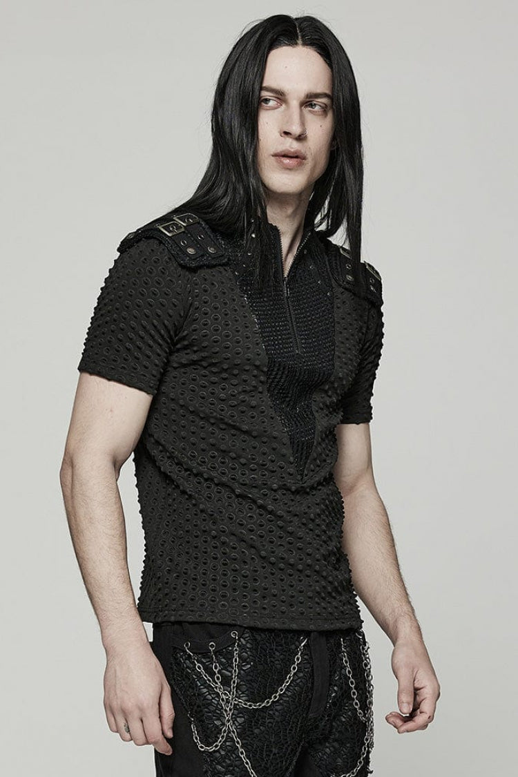 Black Short Sleeves Mesh Bubble Buckle Zipper Steampunk T-shirt