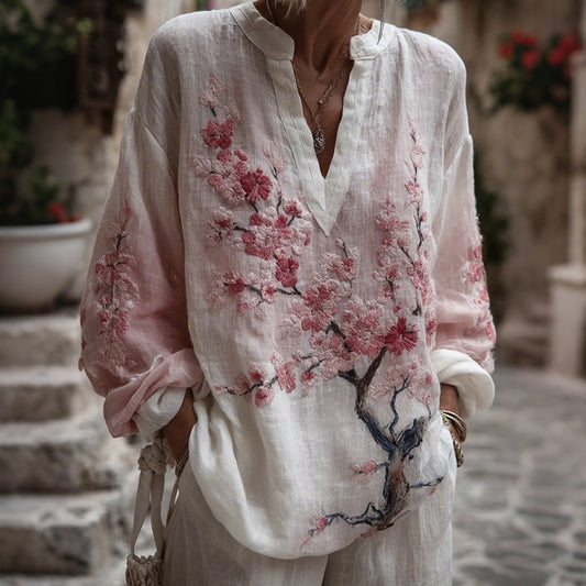 Women's Vintage Pink Floral Art Linen V-neck T-shirt elevenforest