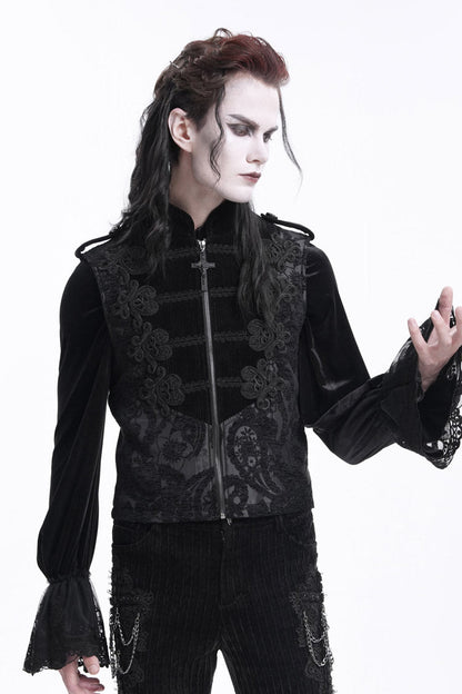 Black Stand Collar Sleeveless Crochet Zipper Gothic Vest