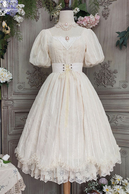 Ivory Square Collar Short Sleeves Multi-layer Ruffled Classic Lolita Op Dress